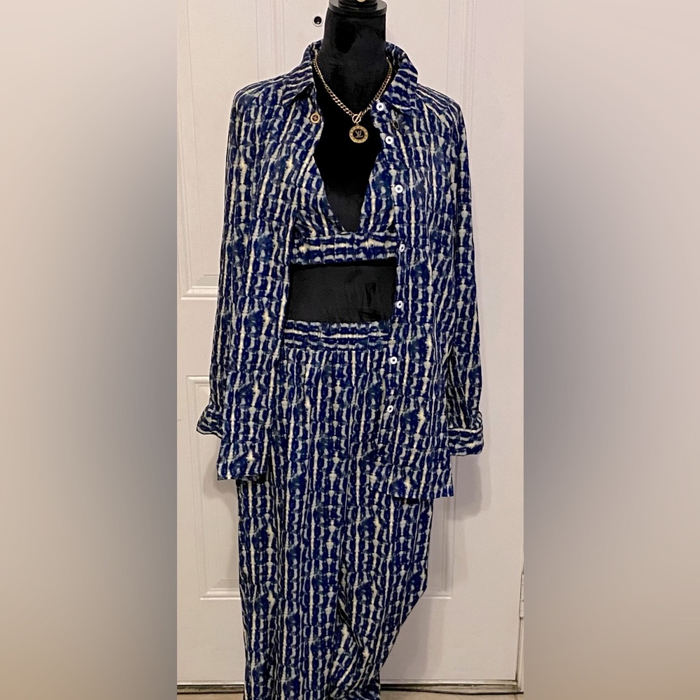 NWOT ladies Sz 14-16 denim washed print high waisted pants bustier button up top